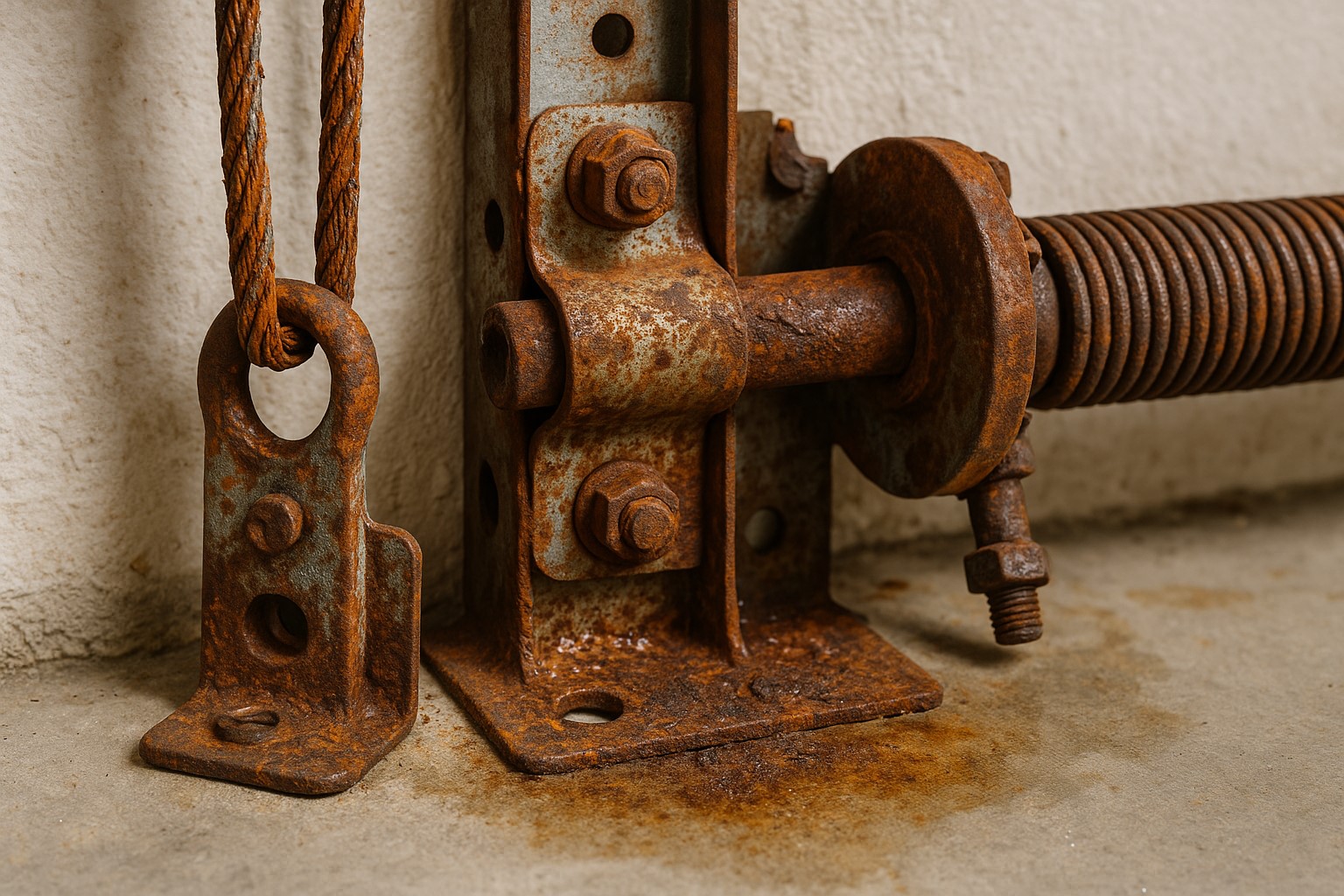 Severely rusted garage door components including spring anchor, cable bracket, and bolts, indicating urgent need for garage door service.