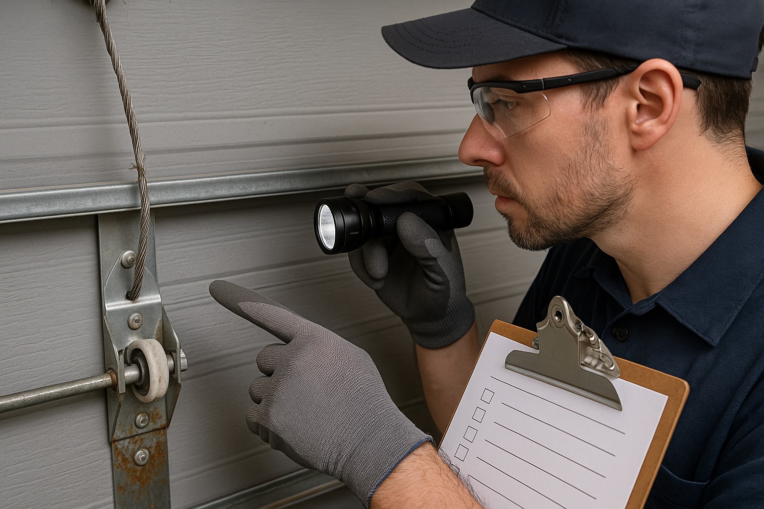 Professional technician performing a garage door service inspection with a flashlight and checklist, examining frayed cables and pulley components for safety and maintenance.