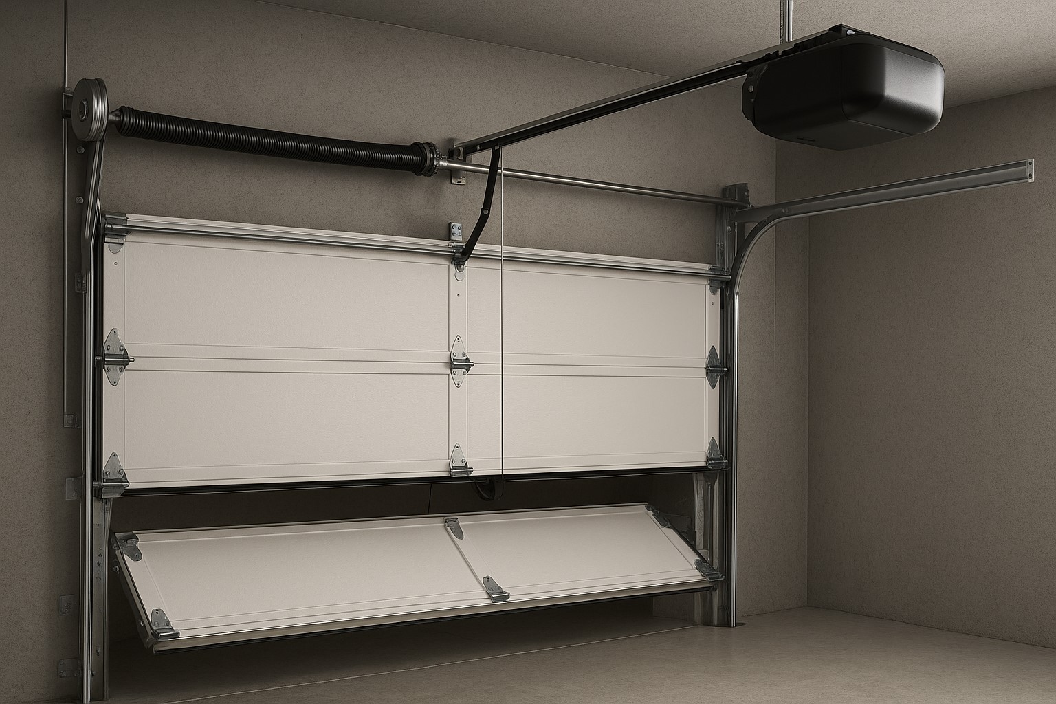 Garage door parts including torsion spring, cables, and opener shown with partially open door.