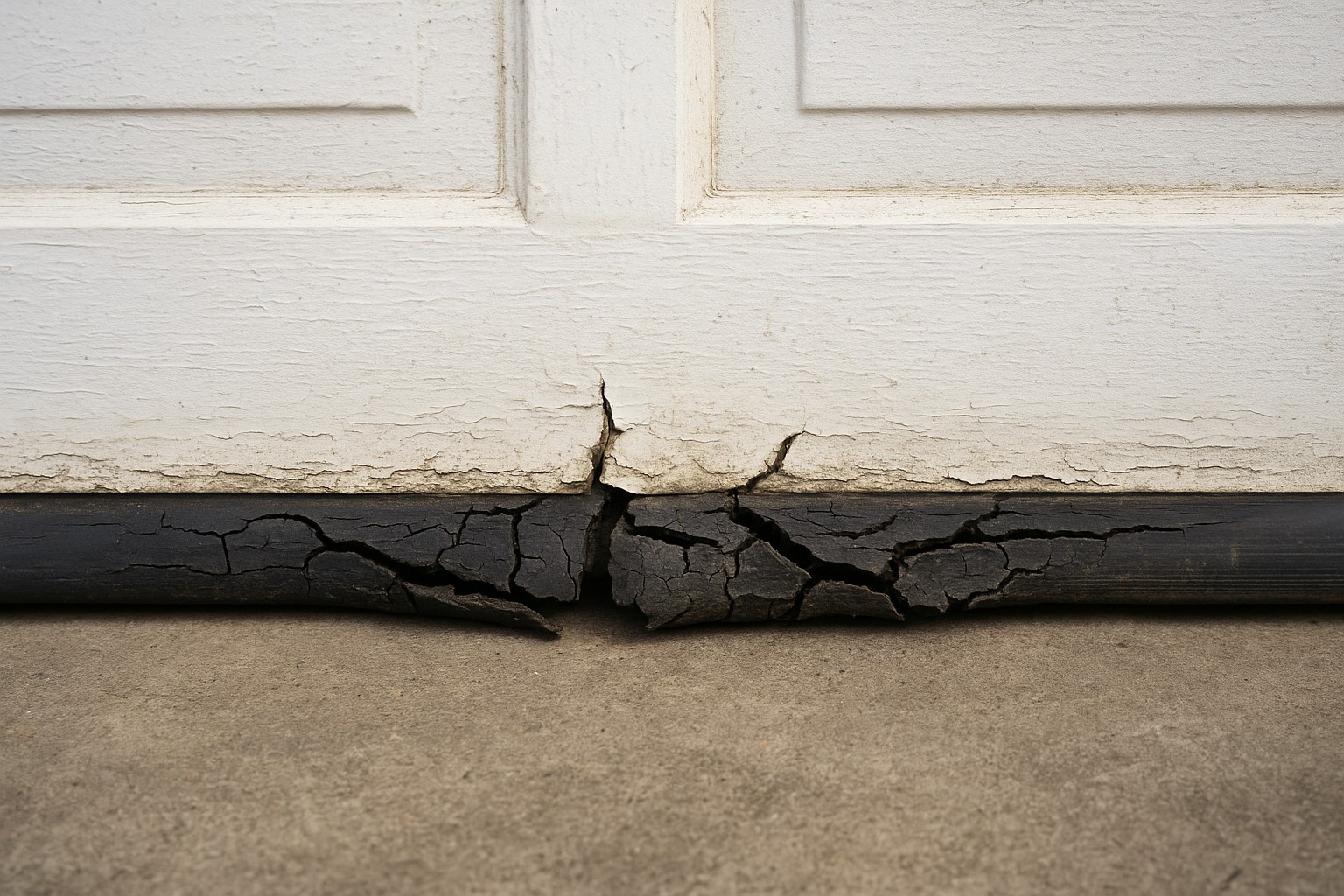 cracked and deteriorated garage door bottom weather sealing needing replacement.