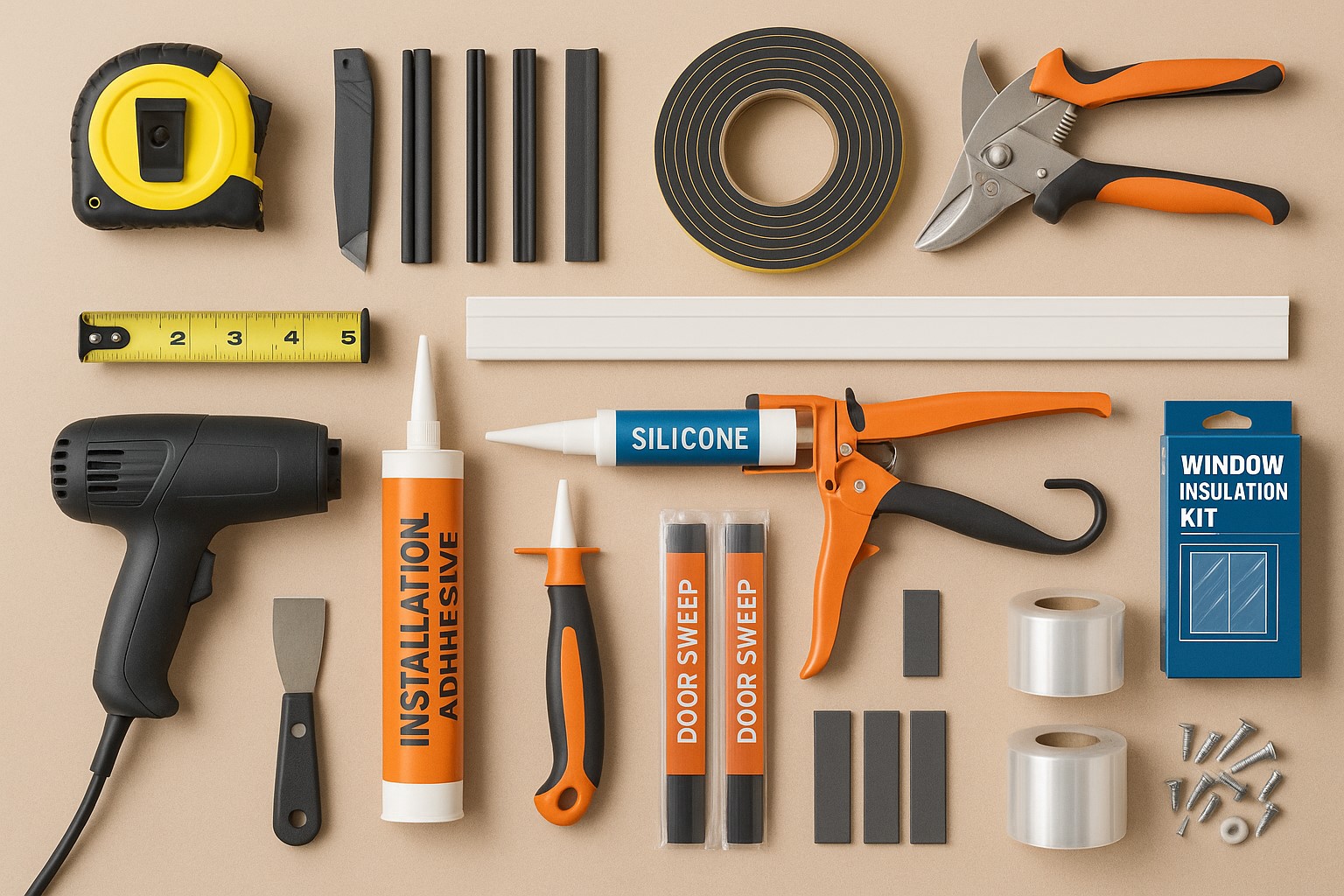 weather sealing tools and materials, including adhesive, silicone, door sweeps, and insulation kit
