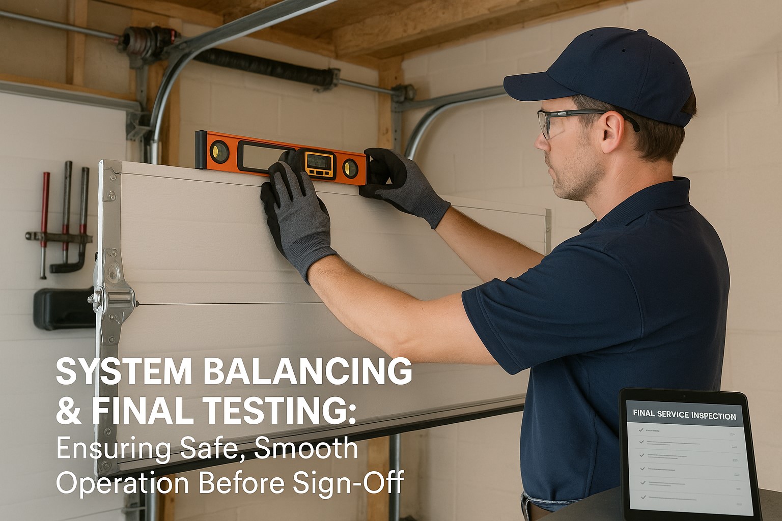 Technician testing garage door parts for proper balance and safe operation during final inspection.